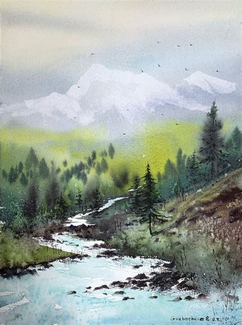 Mountain River Watercolour By Eugenia Gorbacheva