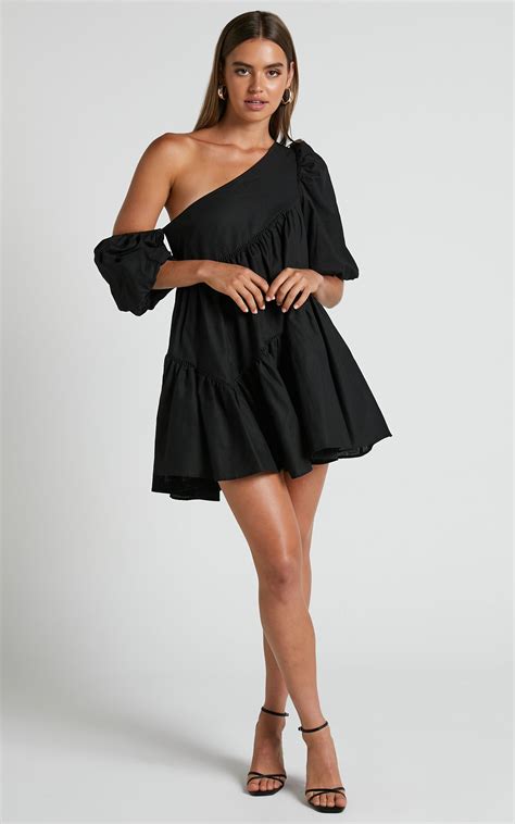 Harleen Mini Dress Linen Look Asymmetrical Trim Puff Sleeve Dress In