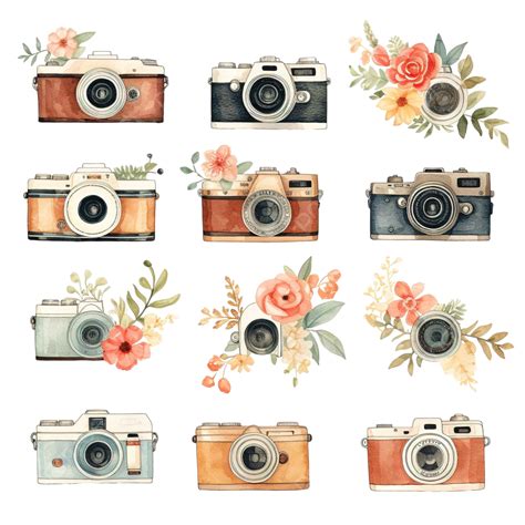 Watercolor Cameras Flowers Clipart Ai Generative Background Flower