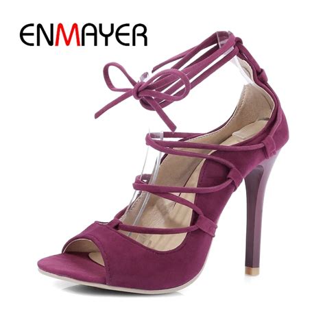 Enmayer New Arrival Summer Cow Suede Peep Toe High Heel Sandals Lady Elegant Sexy Lace Up Party