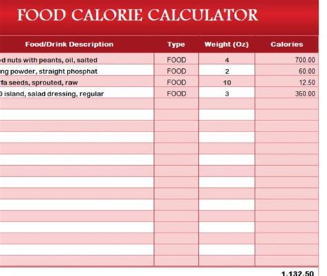 Food Calorie Calculator My Excel Templates