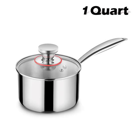 Walchoice 1 Quart Tri Ply Stainless Steel Saucepan Induction Stewing And Cooking Pan With Glass