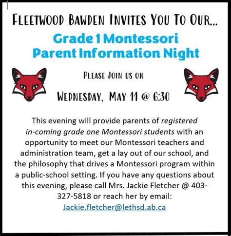 Grade 1 Montessori Parent Information Night Fleetwood Bawden