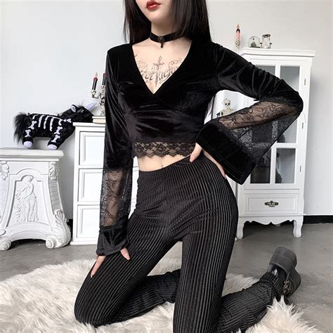 Sexy Lace Flare Sleeve V Neck Gothic Shirt Tomscloth