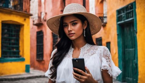 Premium AI Image | Beautiful Colombian girl with phone in hand and white dress