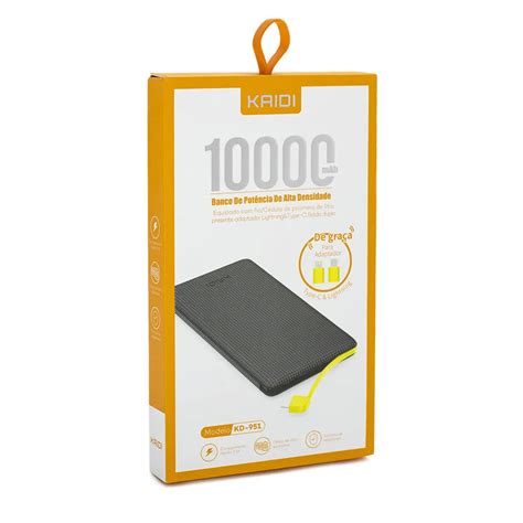 POWER BANK 10000 MAH KAIDI KD 951 PRETO FIO AMARELO