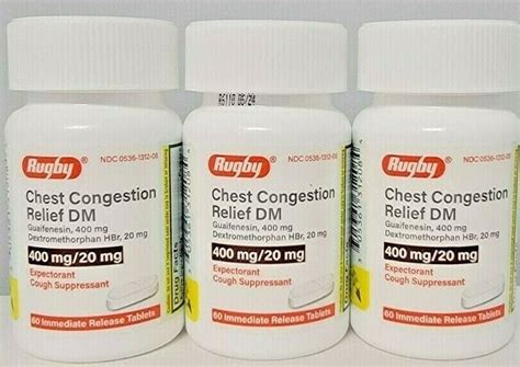 Rugby Mucus Relief Dm Cough Guaifenesin 400mg 60 Tablets 3 Pack Exp