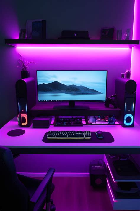 Desk setup with pink neon light 🖥 | Interieur