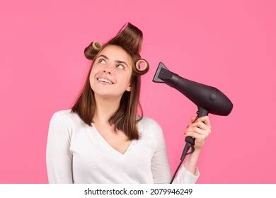 Smiling Woman Hair Dryer Rollers Woman Stock Photo