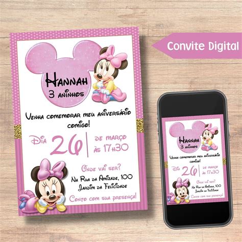 Convite Digital Minnie Baby Rosa Elo Produtos Especiais