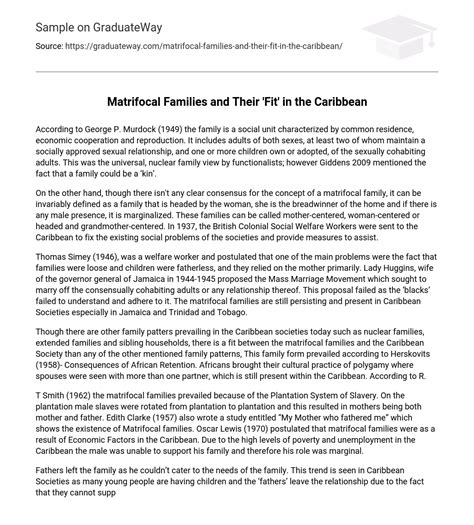 ⇉Matrifocal Families and Their 'Fit' in the Caribbean Essay Example ...