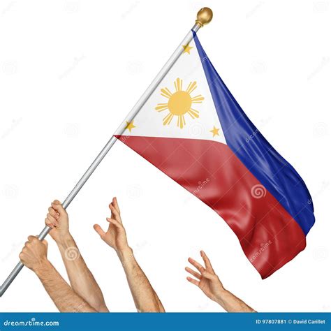 Team of Peoples Hands Raising the Philippines National Flag Stock Image ...