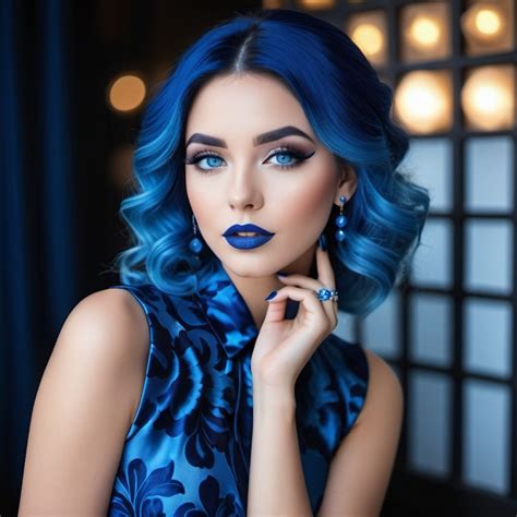 A Woman Blue Makeup Blue Lipstick Blue Eyes Blue