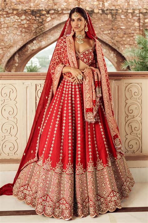 Buy Red Silk Embroidered Cutdana Sweetheart Panelled Bridal Lehenga Set