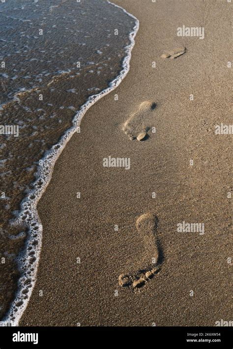 Summer Background With Footprints On The Sand By The Sea Stock Photo