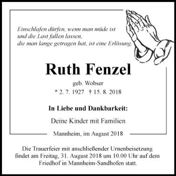 Traueranzeigen Von Ruth Fenzel Trauerportal Ihrer Tageszeitung