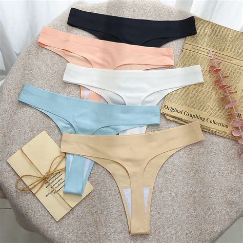 5pcs 5 Colors S 4xl Plus Size Ice Silk Sexy Panties Women Thongs