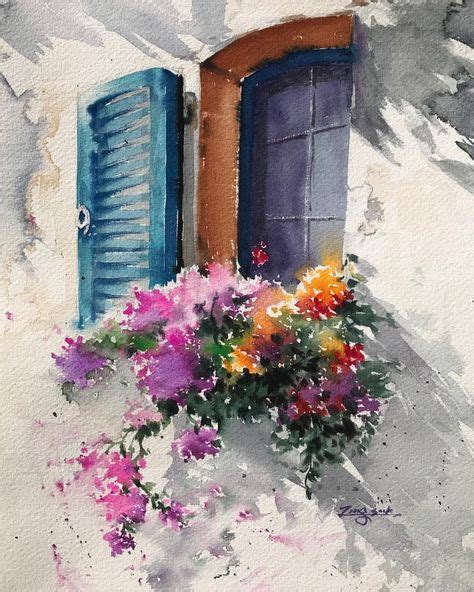 Watercolour Cottage Window With Shutter And Summer Flowers In A