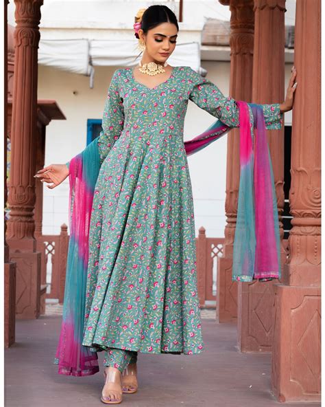 Green And Pink Floral Printed Anarkali Suit Set Set Of Three By