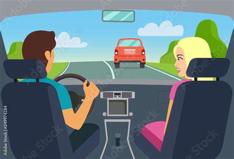 Man And Woman Sitting In The Car Vector Flat Style Illustration Stock