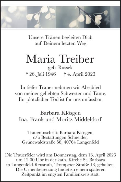 Traueranzeigen Von Maria Treiber WirTrauern