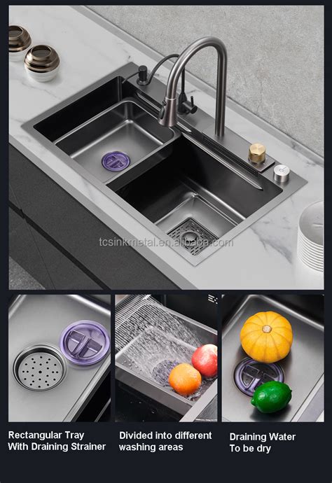 Waterfall Kitchen Sink Single Bowl Stainless Steel Kitchen Sink Sets With Flying Rainfall Faucet