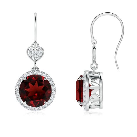 Claw Set Garnet Dangle Earrings With Diamond Heart Motif Angara