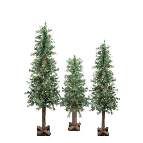 Set Of Pre Lit Woodland Alpine Artificial Christmas Trees And