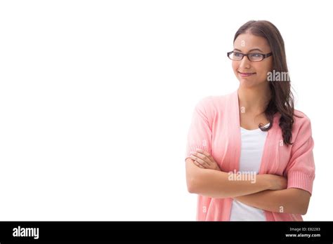 Pretty Brunette Smiling With Arms Crossed Stock Photo Alamy