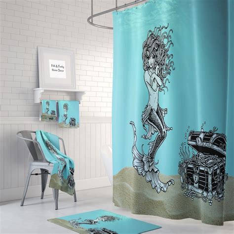 Mermaid Shower Curtain Optional Bath Mat Bathroom Treasure Etsy