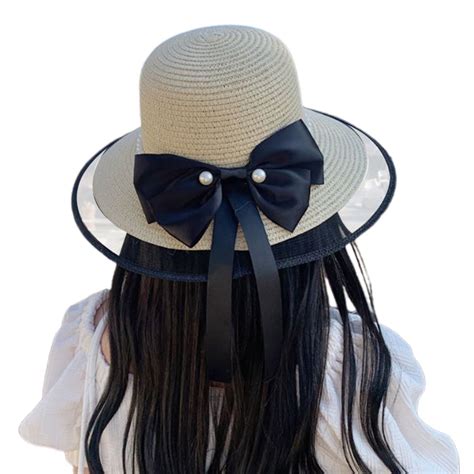 56 58 Cm Hat Circumference Female Bow Pearl Straw Hat Sunscreen Hat Sun