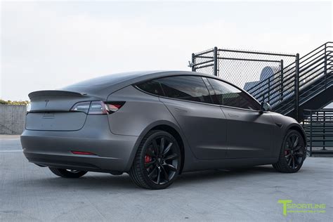 Satin Dark Gray Tesla Model 3 With Wrapped Carbon Fiber Trunk Wing Spo