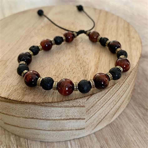 Pulsera De Ojo De Tigre Rojo Y Piedra Volc Nica Hombres Etsy