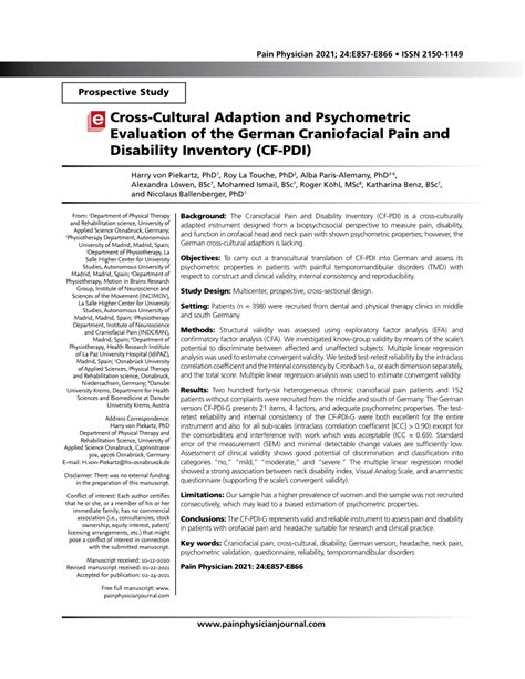 PDF Cross Cultural Adaption And Psychometric Evaluation Of The German