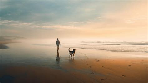 Premium Ai Image A Man Walking His Dog On The Beach