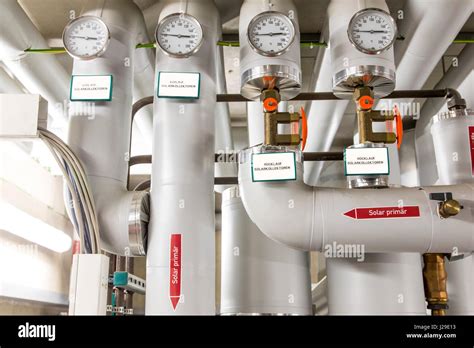 Pipelines In A Heating Boiler Water Circuit Of Hot Water Heated By A Solar System Stock Photo