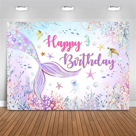 Amazon Mocsicka Mermaid Birthday Backdrop Blue Purple Mermaid