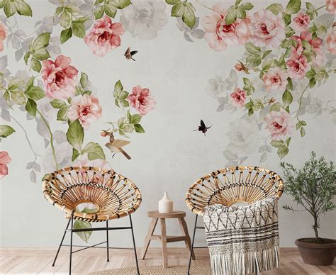 Rose Wallpaper Mural Vintage Floral Wall Mural Neutral Wallpaper