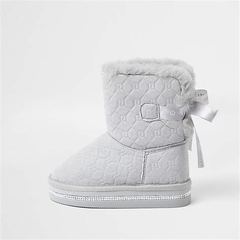 Mini Girls Grey Ri Monogram Faux Fur Boots River Island