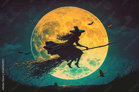 A Witch Flying On Her Broomstick Over A Full Moon Digital Art Style