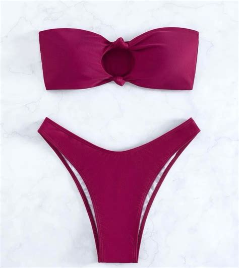 Solid Bikini Set Knot Decor Bandeau Top And High Cut Bikini Bottom On Carousell