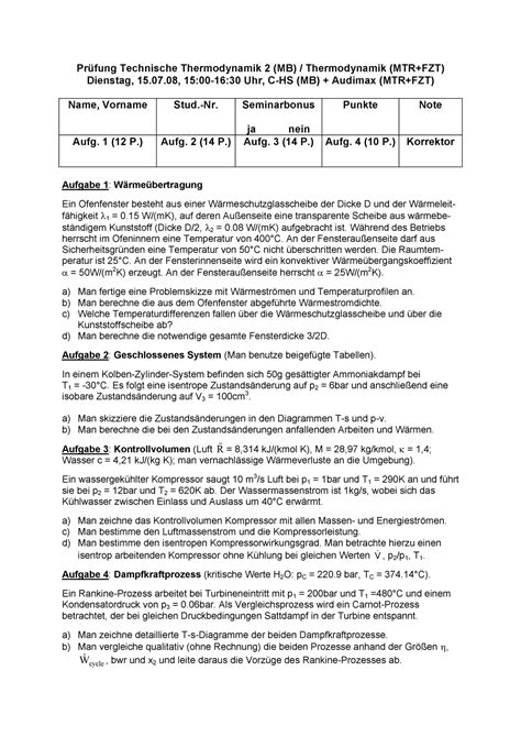 Klausur Technische Thermodynamik Tu Ilmenau Tu Ilmenau