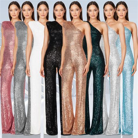 Women Elegant Long Jumpsuits Slanted Collar Party 2023 Sexy Glitter