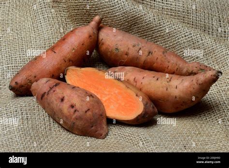 Sweet Potatoes Ipomoea Batatas Sliced Cut In Half Stock Photo Alamy