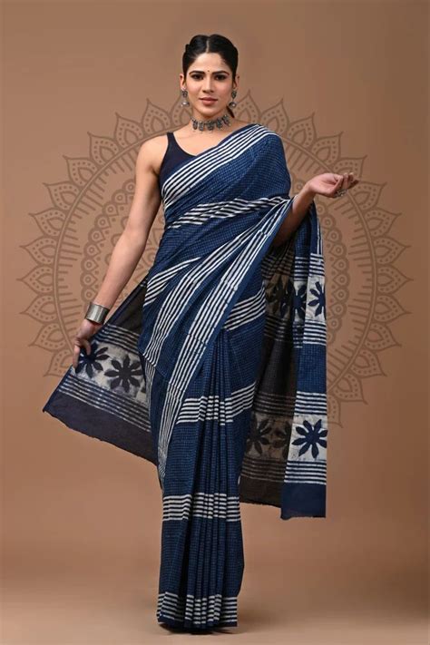 Mulmul Cotton Hand Block Printed Sarees Mtr With Blouse Piece At