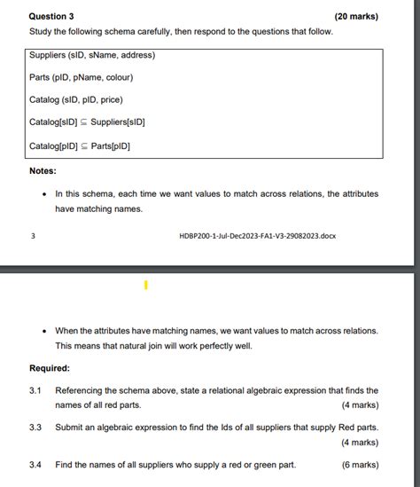 Solved Question Marks Study The Following Schema Chegg