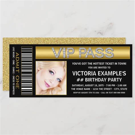 Black Gold Vip Pass Ticket Birthday Party Invitation Zazzle