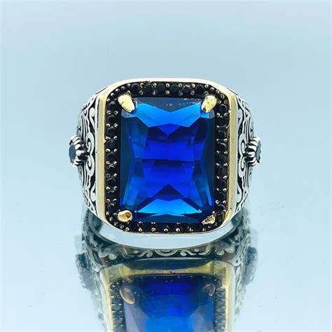 Mens Blue Sapphire Stone Ring Turkish Handmade Ring Ottoman Etsy