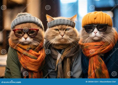 A Group Of Cool Cats Wearing Trendy Glasses Scarves And Hats