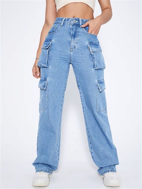 SHEIN EZwear High Waist Flap Pocket Side Cargo Jeans SHEIN UK